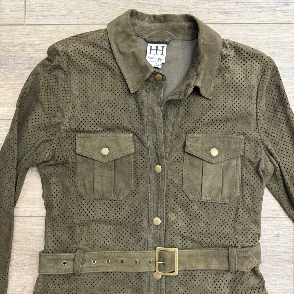 Haute Hippie Suede Leather Shirt Dress Olive Green Perforated Belted Utility - Picture 2 of 16